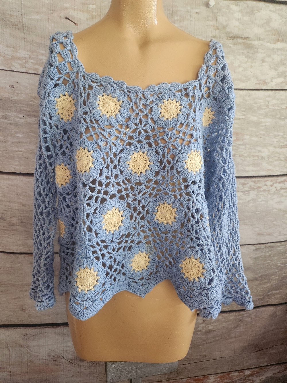 Sky Blue Crochet Off-Shoulder Sweater with Cream Floral Accents